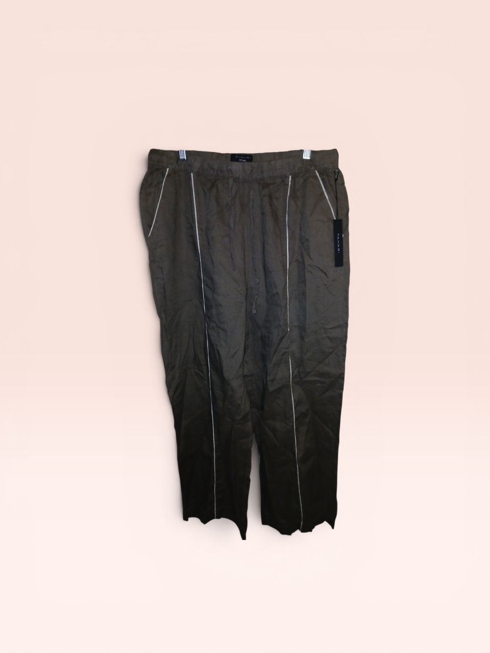Tahari Olive Linen Pants with White Piping XL